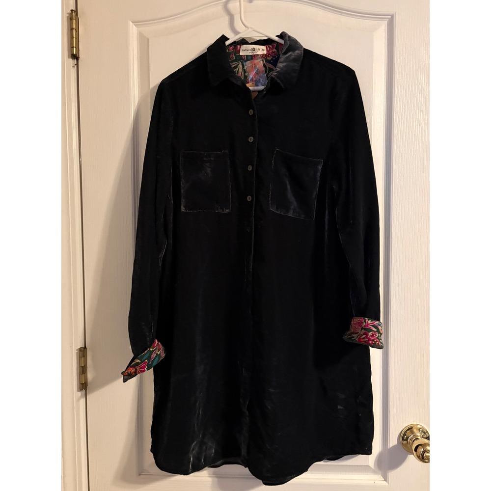Natural Life Shirt Dress Womens Medium DK Gray NEW Velvet Floral Contrast Tunic